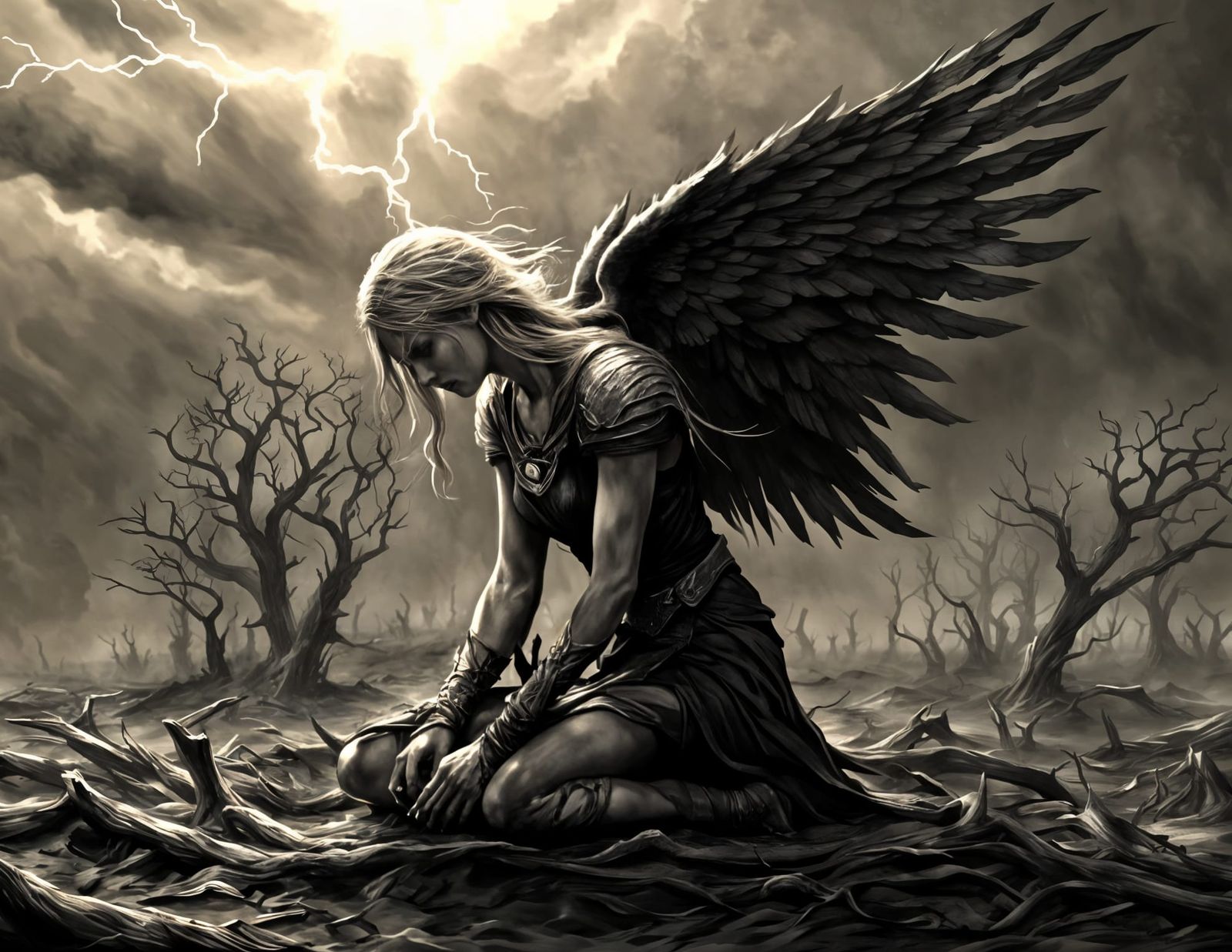 Fallen Angel in Desolate Wasteland