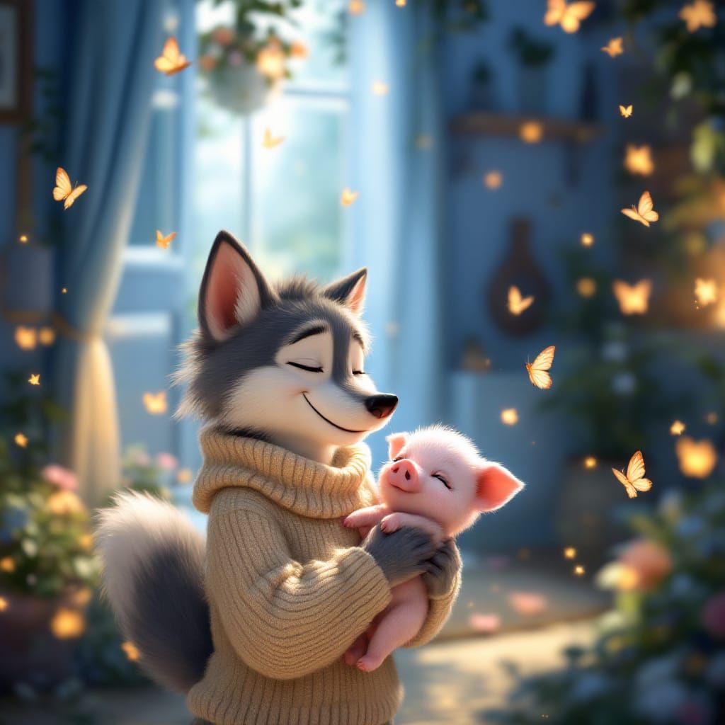 Wolf Cradling Piglet in Cozy Home, Pixar Style
