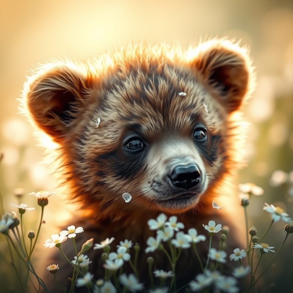 Surreal Bear Cub in Whimsical Wildflower Landscape