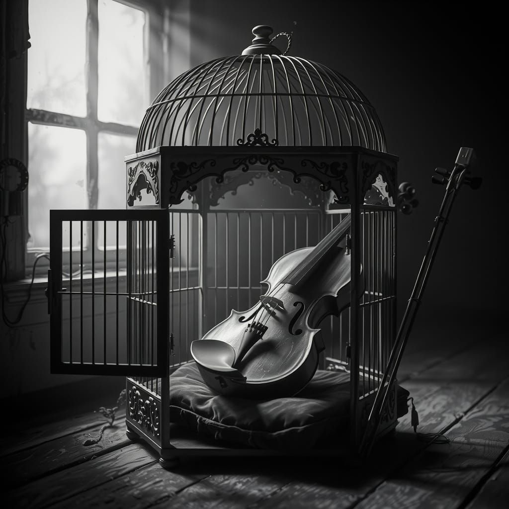 Melancholy Violin in Antique Birdcage