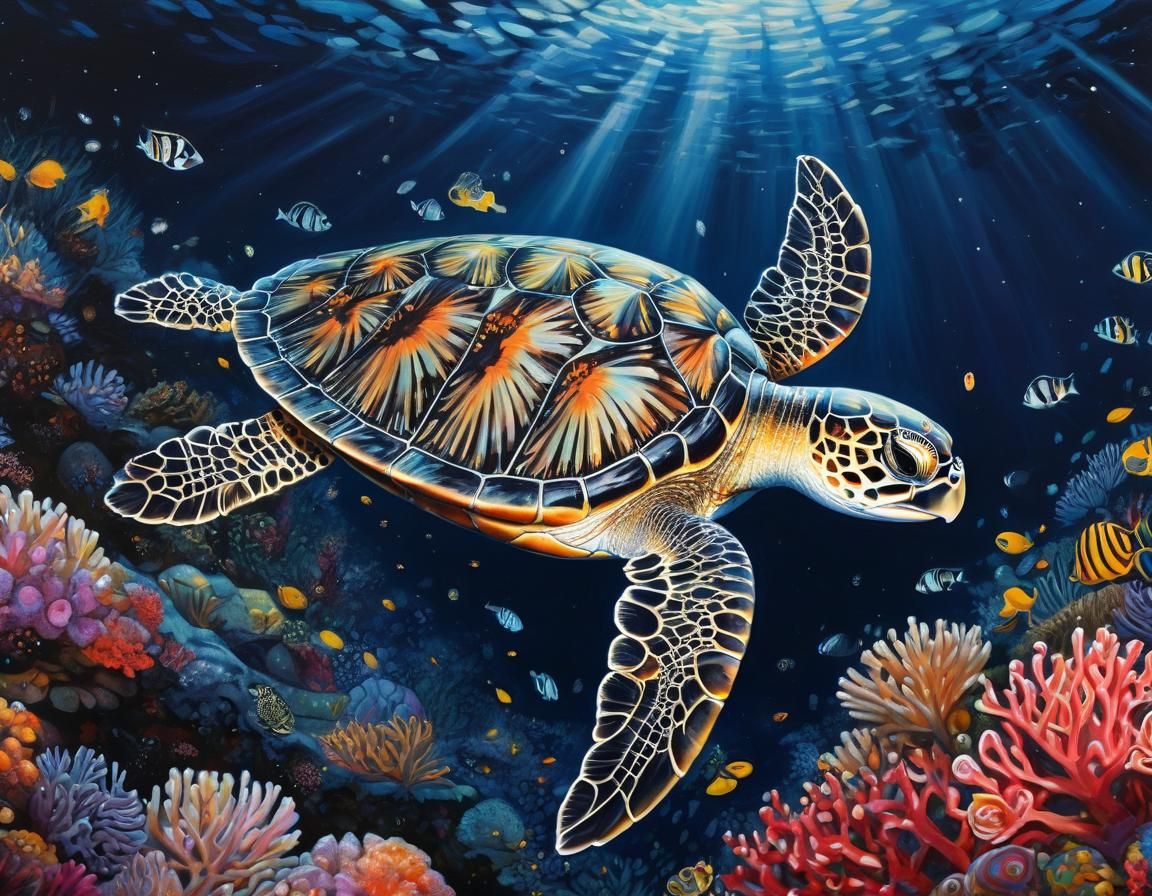 Intricate Turtle in Starry Ocean, Zentangle Style