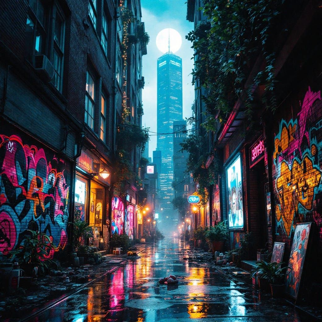 Urban Kaleidoscope at Night in Futuristic Colors and Neon Hu...