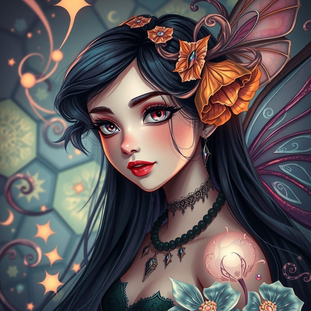 Surreal Fairy in Art Nouveau-Inspired, Gothic-Emo Atmosphere