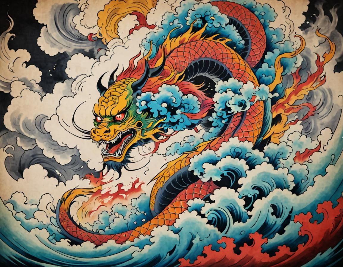 Colorful Tatsu in Ukiyo-e Japanese Tattoo Art