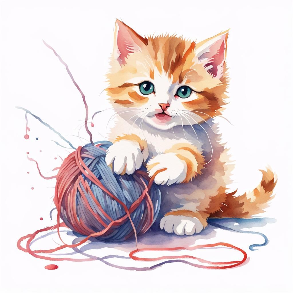 Cute Kitten Plays with Yarn in Watercolour Style