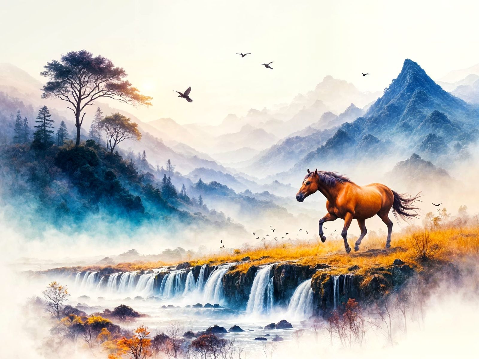 Wild Horses in Pastel Watercolor Landscape
