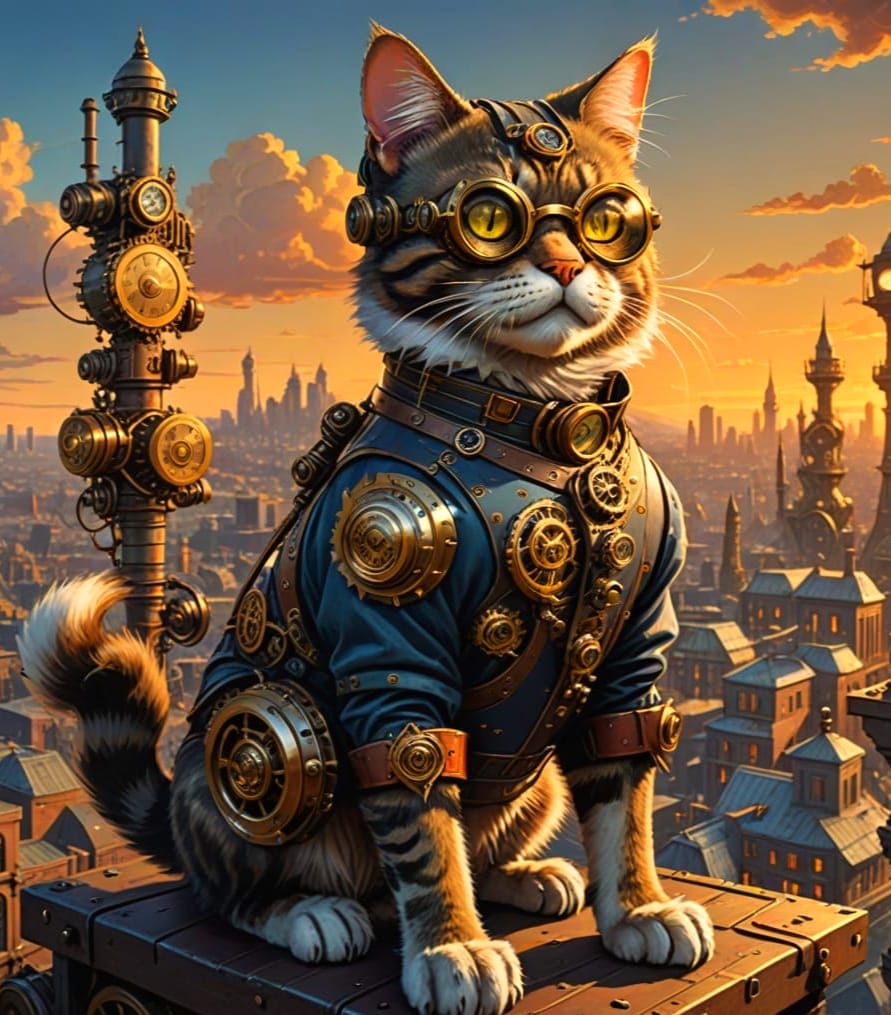 Steampunk Cat in Clockwork Cityscape