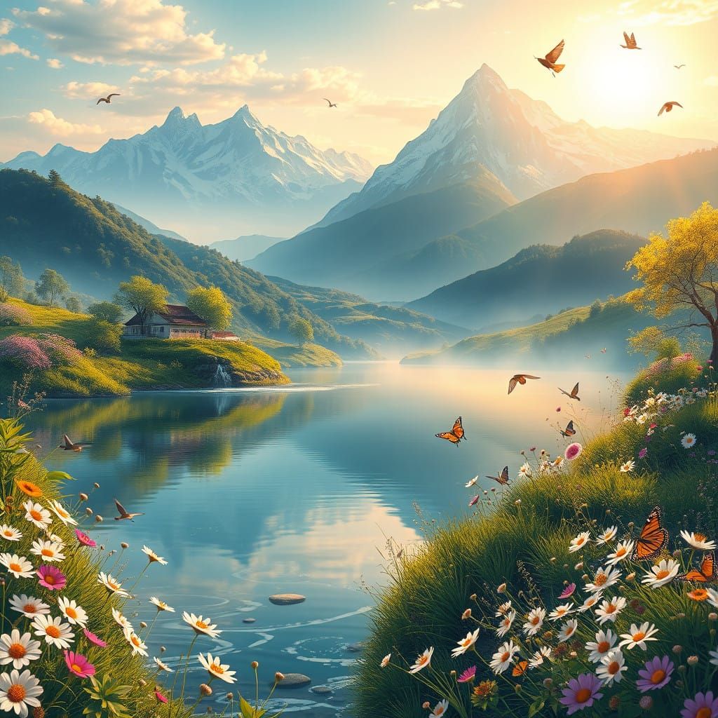 Luminous Valley Landscape in Whimsical Anime Style