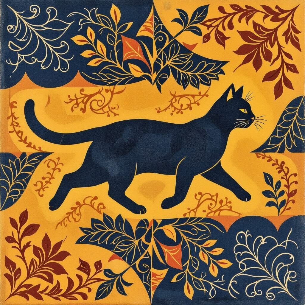 Geometric Cat Silhouette in Batik Colors