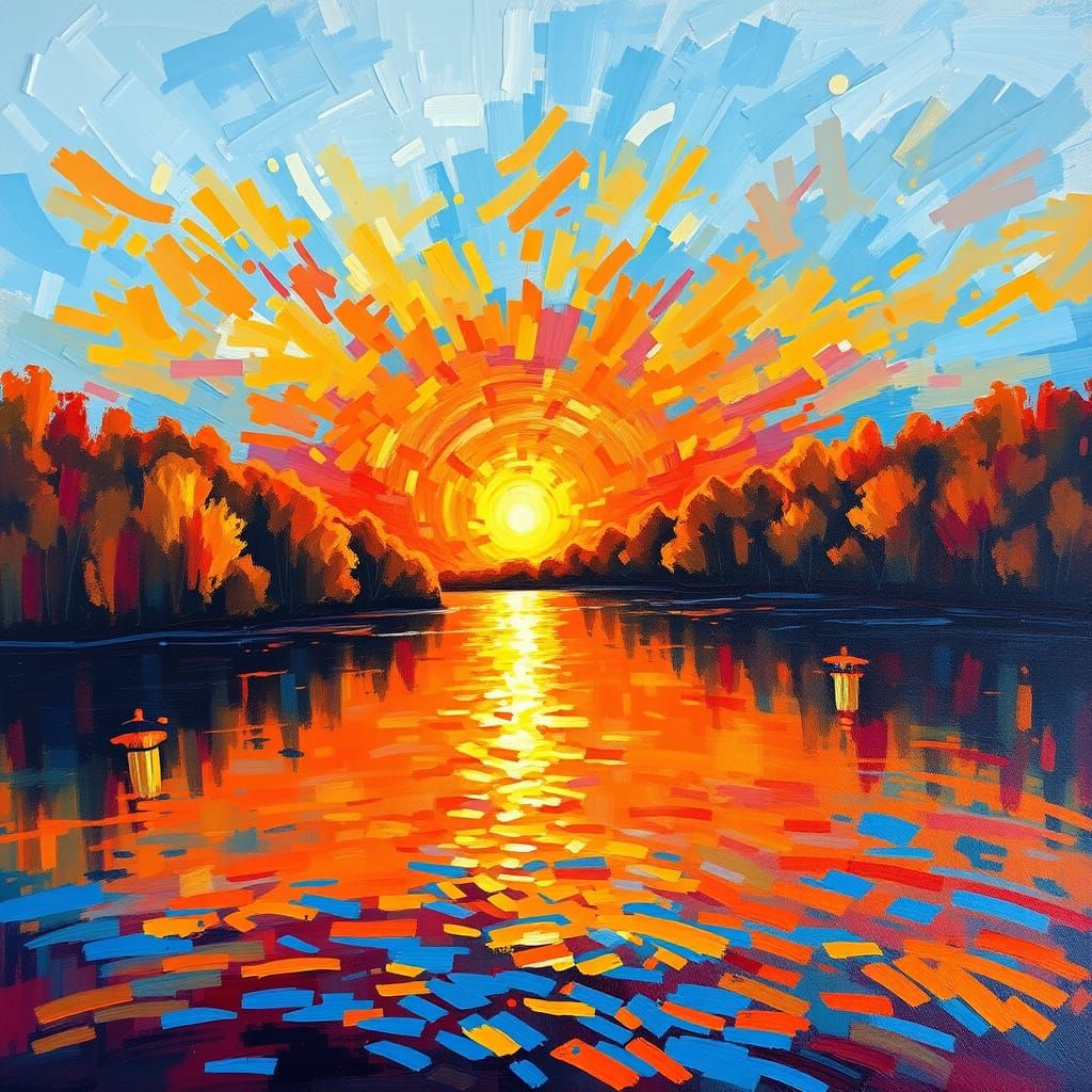 Warm Autumn Morning Over Serene Lake in Neo-Impressionist Im...