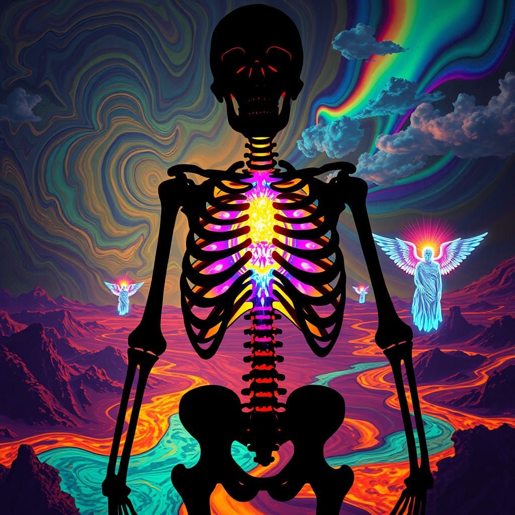 Ethereal Skeleton Dances with Iridescent Shadows and Kaleido...