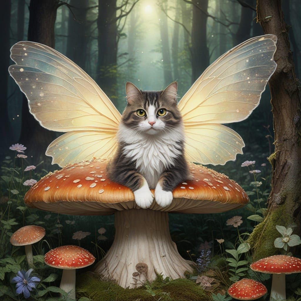 Mischievous Forest Cat with Gossamer Wings on Mushroom