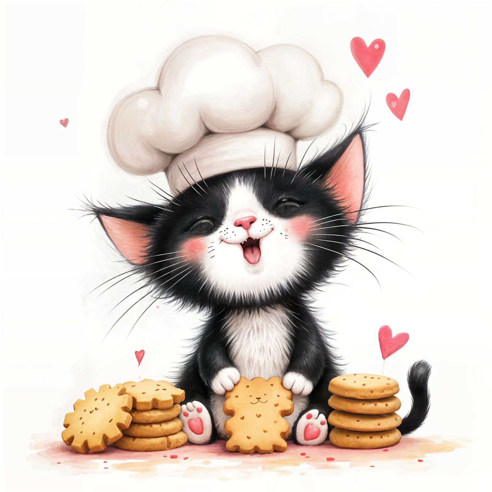 Cute Black and White Cat Chef Baking Biscuits in Whimsical S...