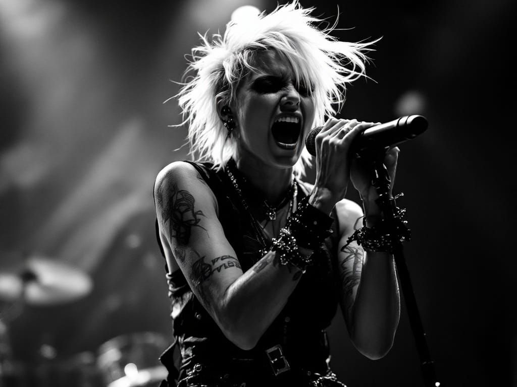 Punk Singer's Fierce Performance in Monochrome Concert Portr...