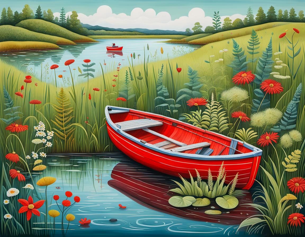 Naive Contemporary Art: Red Dinghy by the Water