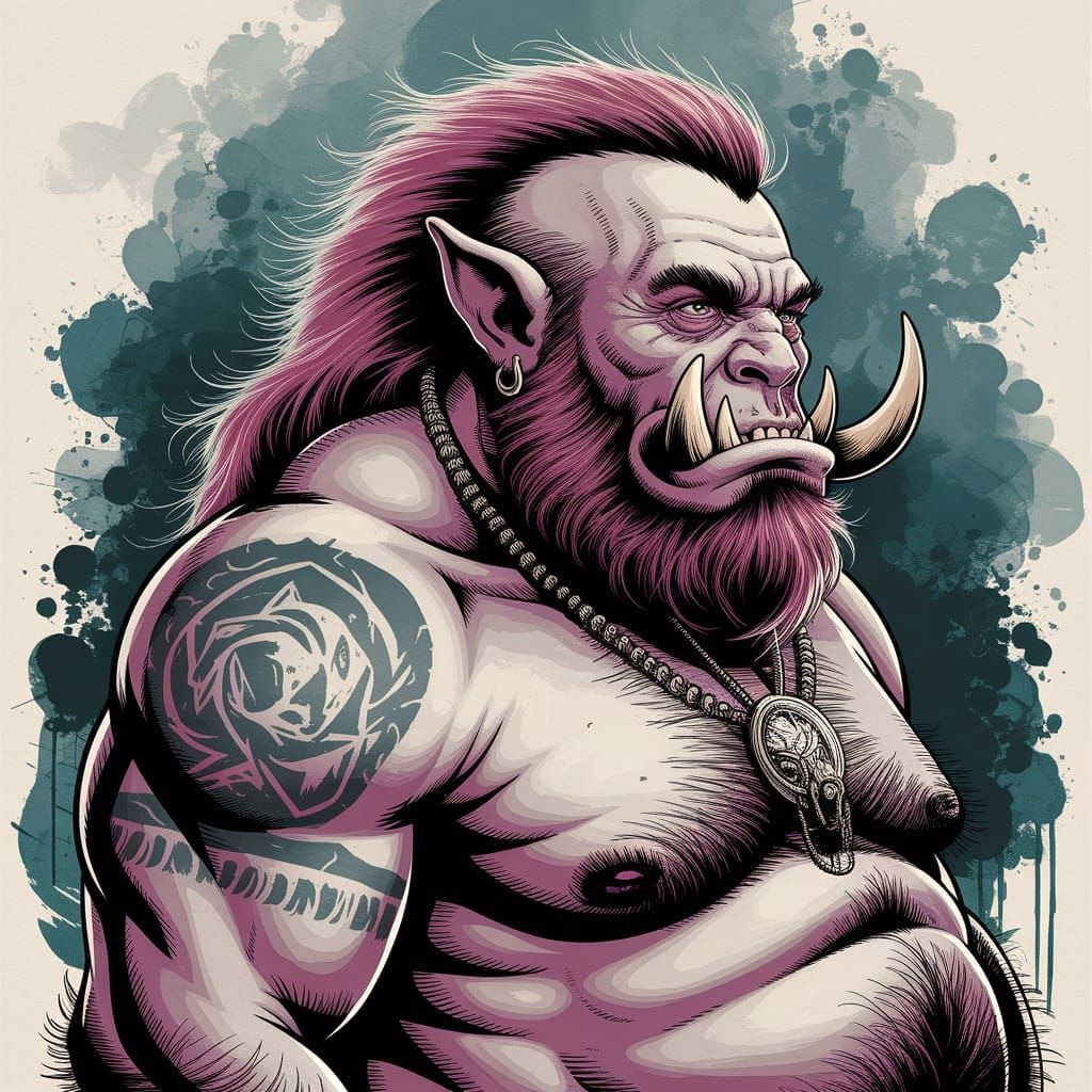 Corpulent Ork Portrait in Bleeding Watercolour Style