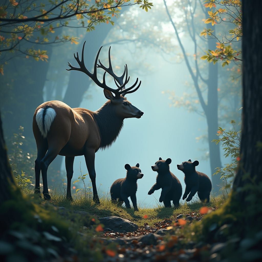 Deer Watching Bear Cubs in Misty Smoky Mountains