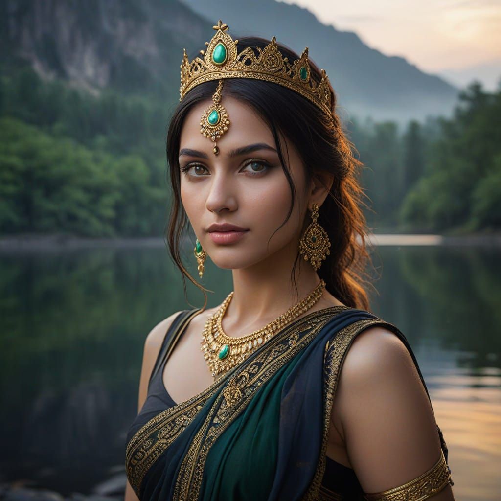 Indian Aphrodite in Golden Saree by Lakeside