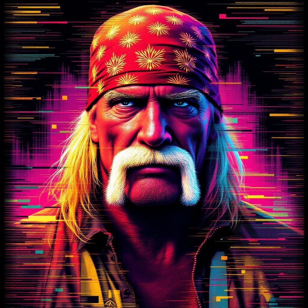 Glitch Art of Wrestler in Bandana with Neon Accents