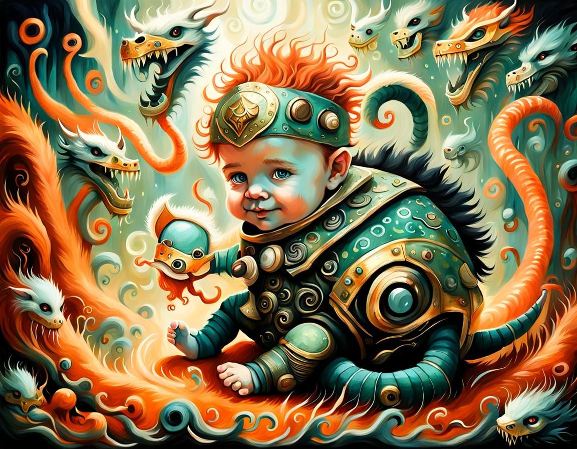 Futuristic Viking Boy with Hydra, Tim Burton Style