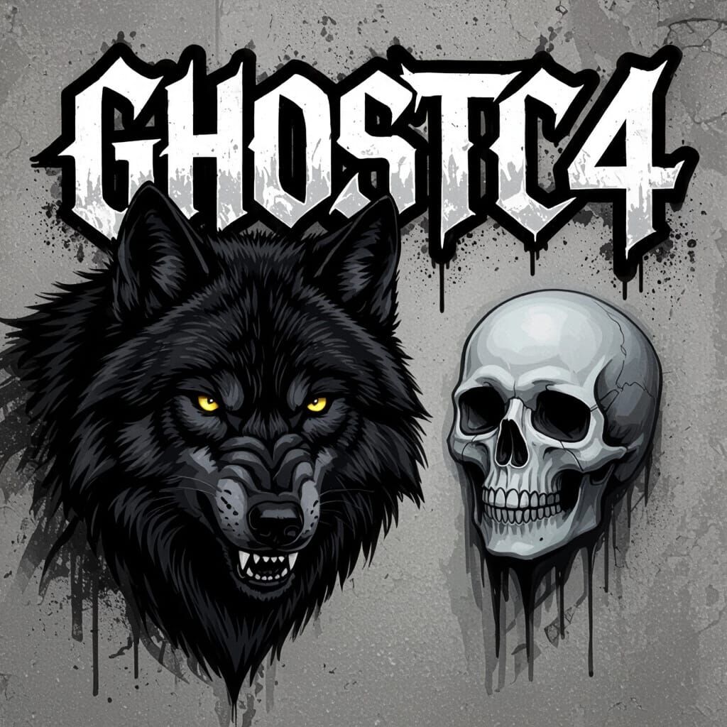 Fierce Black Wolf and Ghost Skull Graffiti Art