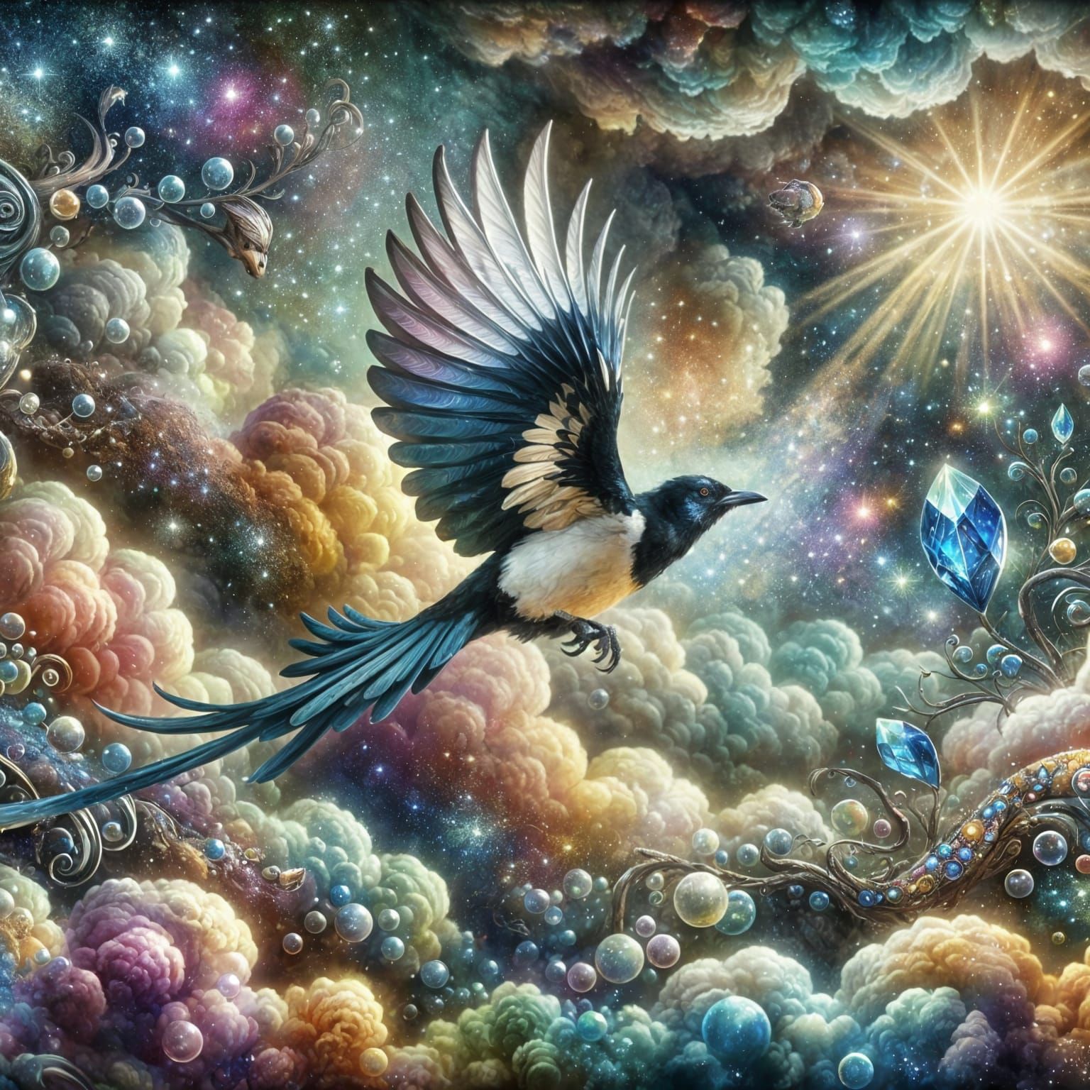 Magpie's Quest for Shimmering Crystals in Romantic Style