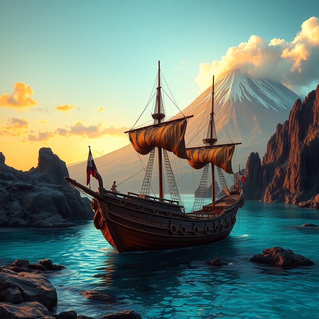 Majestic Pirate Ship Anchored in Volcanic Cove at Sunset