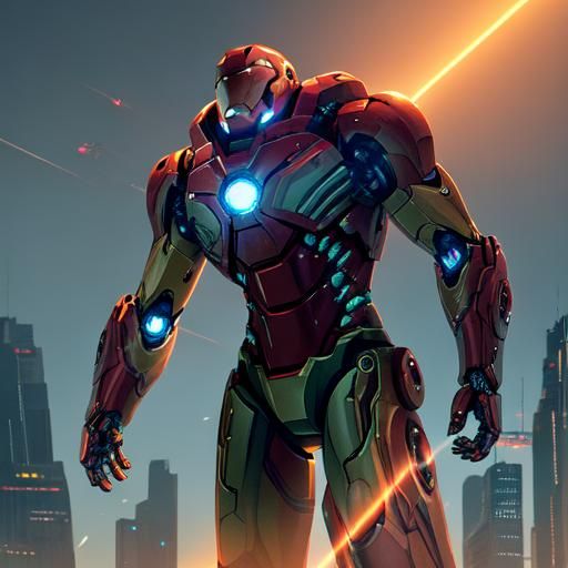 Iron Man in Futuristic Cityscape: Sci-Fi Digital Art