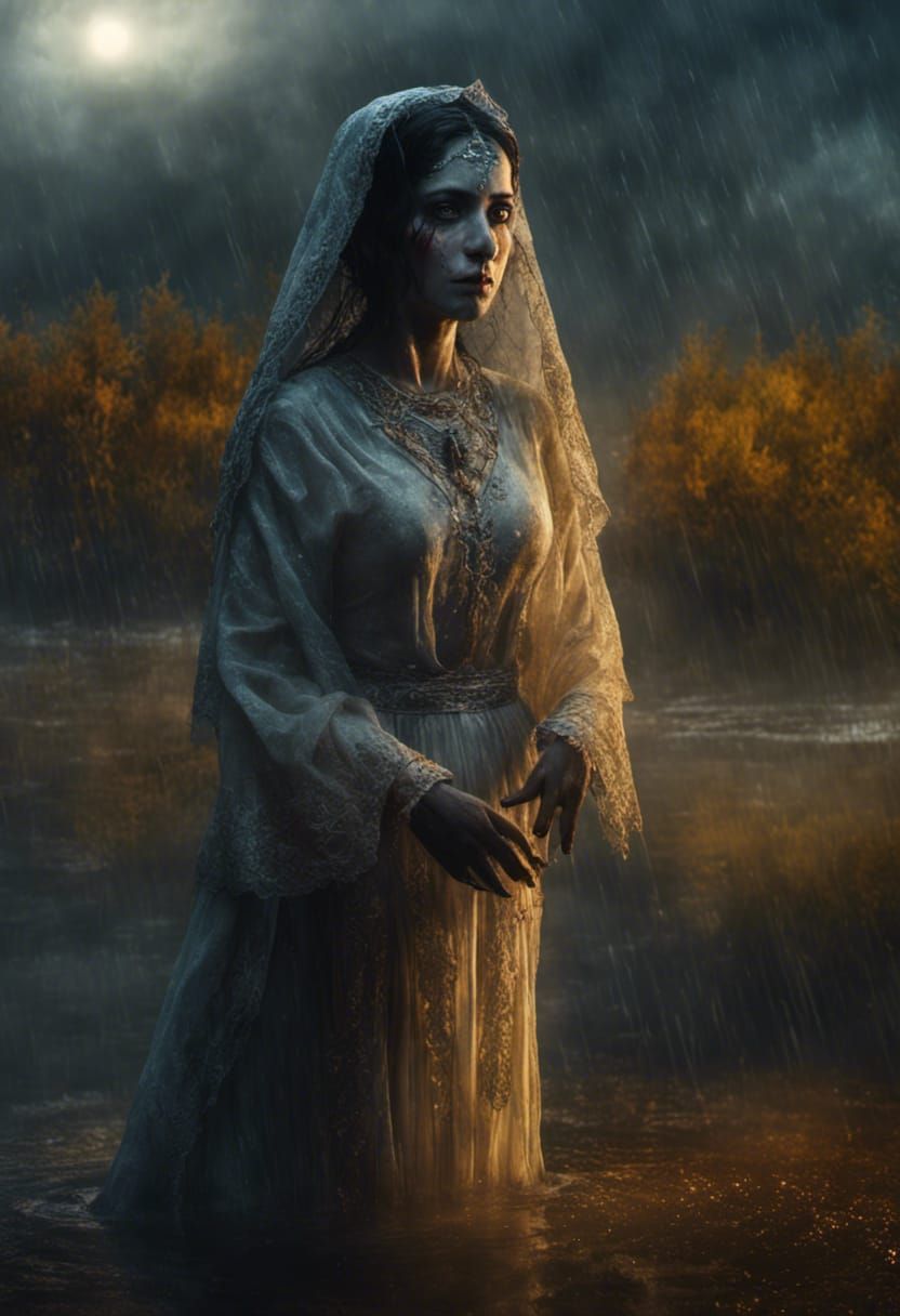 Frightening La Llorona in Cosmic Rain: Photorealistic Portra...