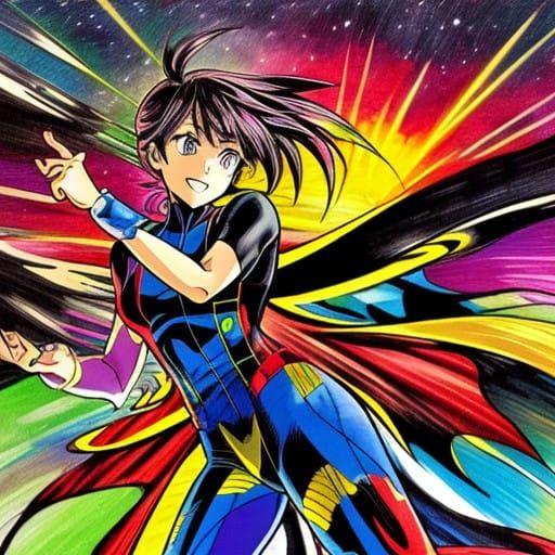comic book style energy, colorful energy dots over a dark sunset, anime style,