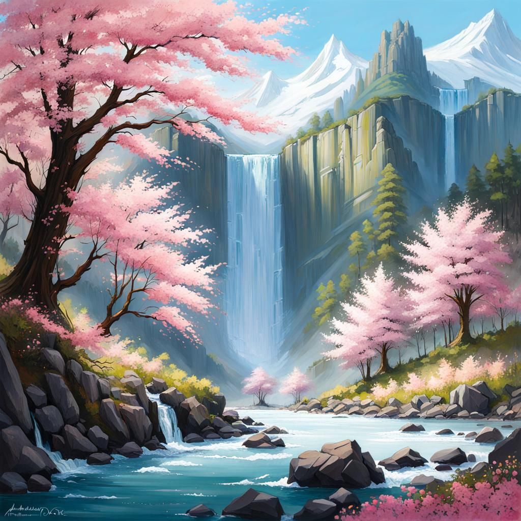 Sci-Fi Mountain Landscape with Waterfall in Anime Style
