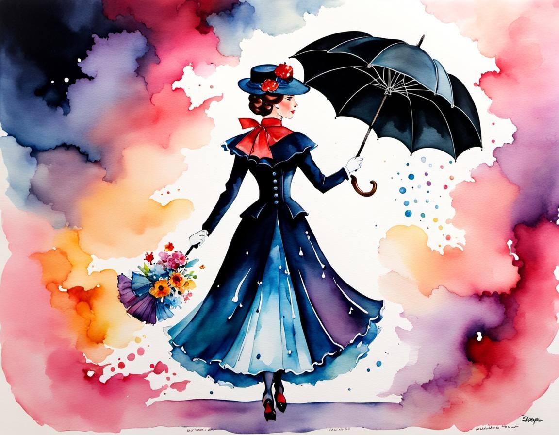 Aerial Mary Poppins Soars with Umbrella in Hand