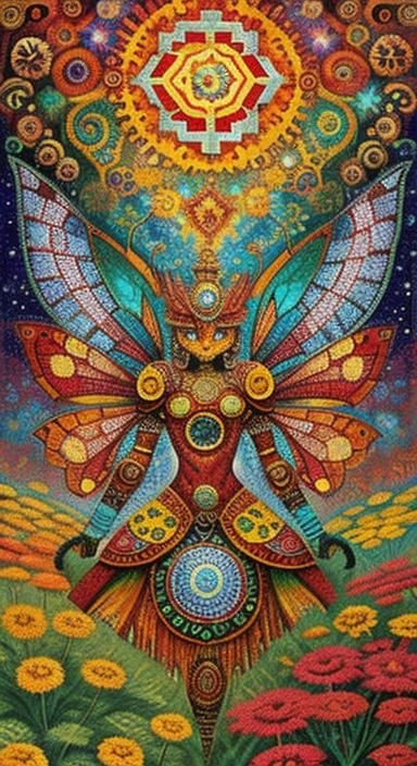 Fairy with Robot in Aztec Micromosaic Style