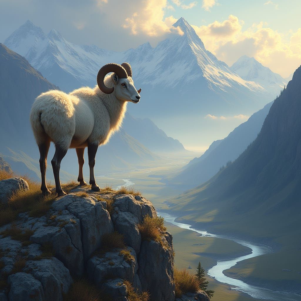 Majestic Ram Stands on Snow-Capped Mountain Peak in Hyperrea...