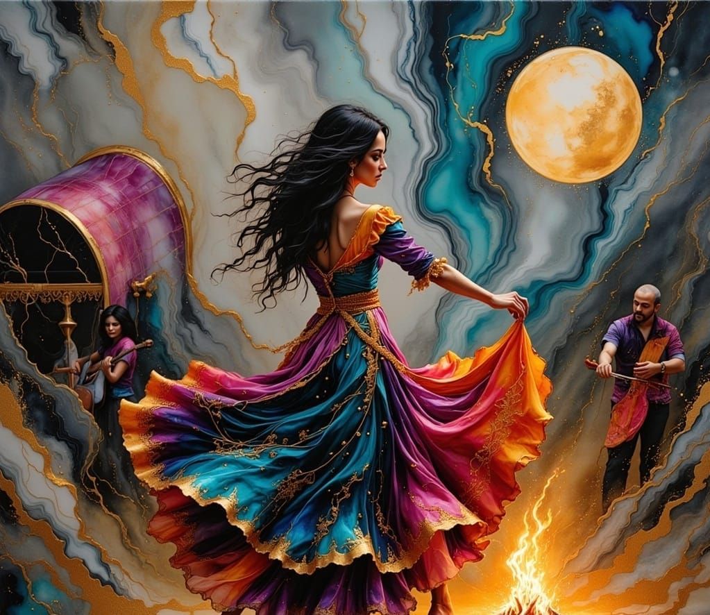 Gypsy Dancer Portrait by Bonfire with Gold Streaks
