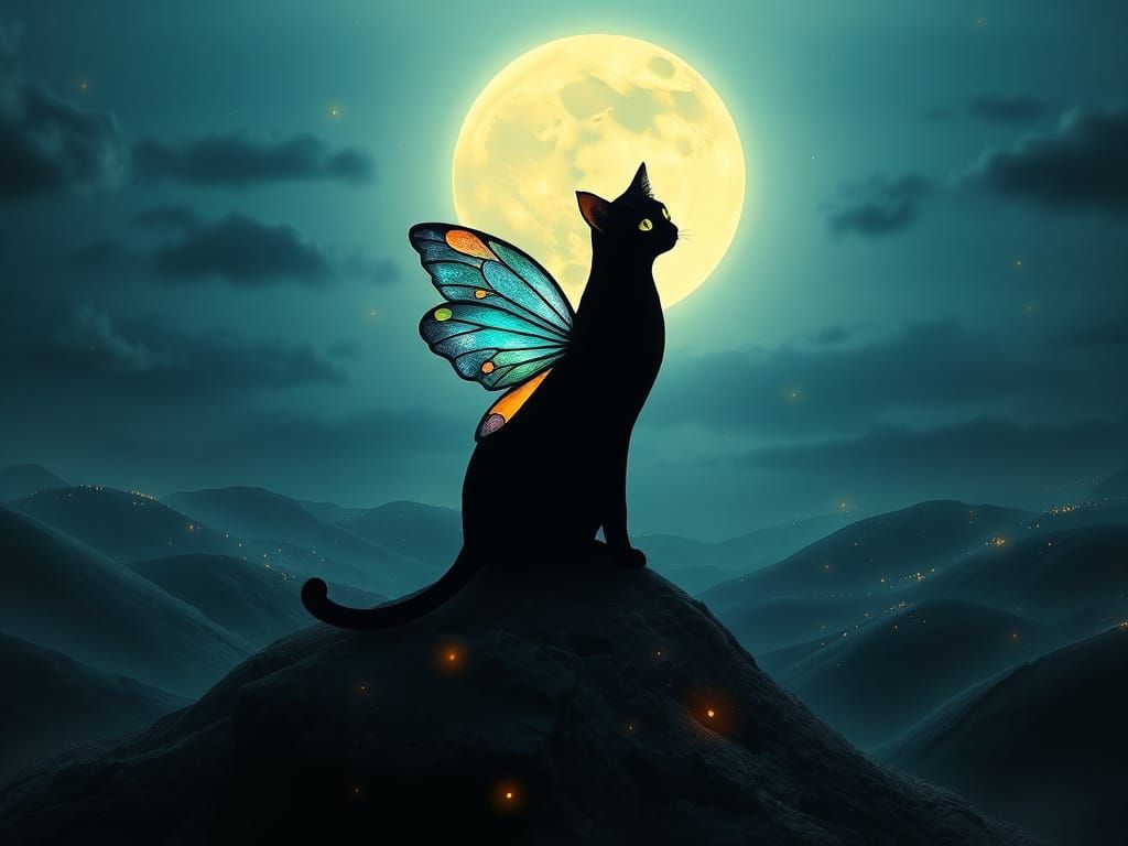 Moonlit Cat with Iridescent Wings, Surreal Art