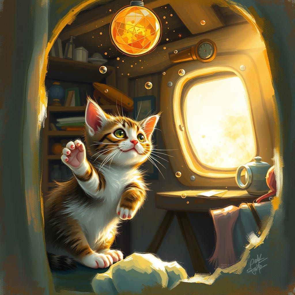 Kitten Plays with Glowing Orb in Cozy Cabin