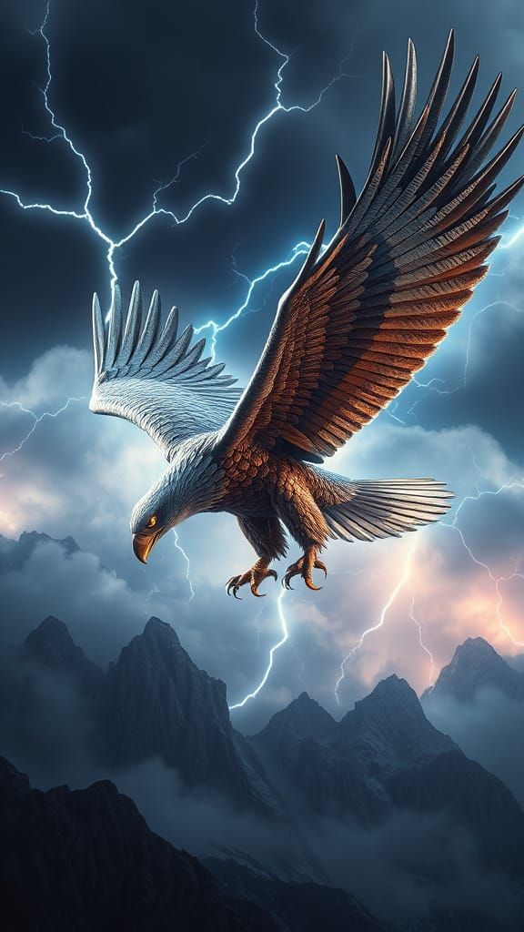 Metallic Eagle Soaring Through Stormy Skies
