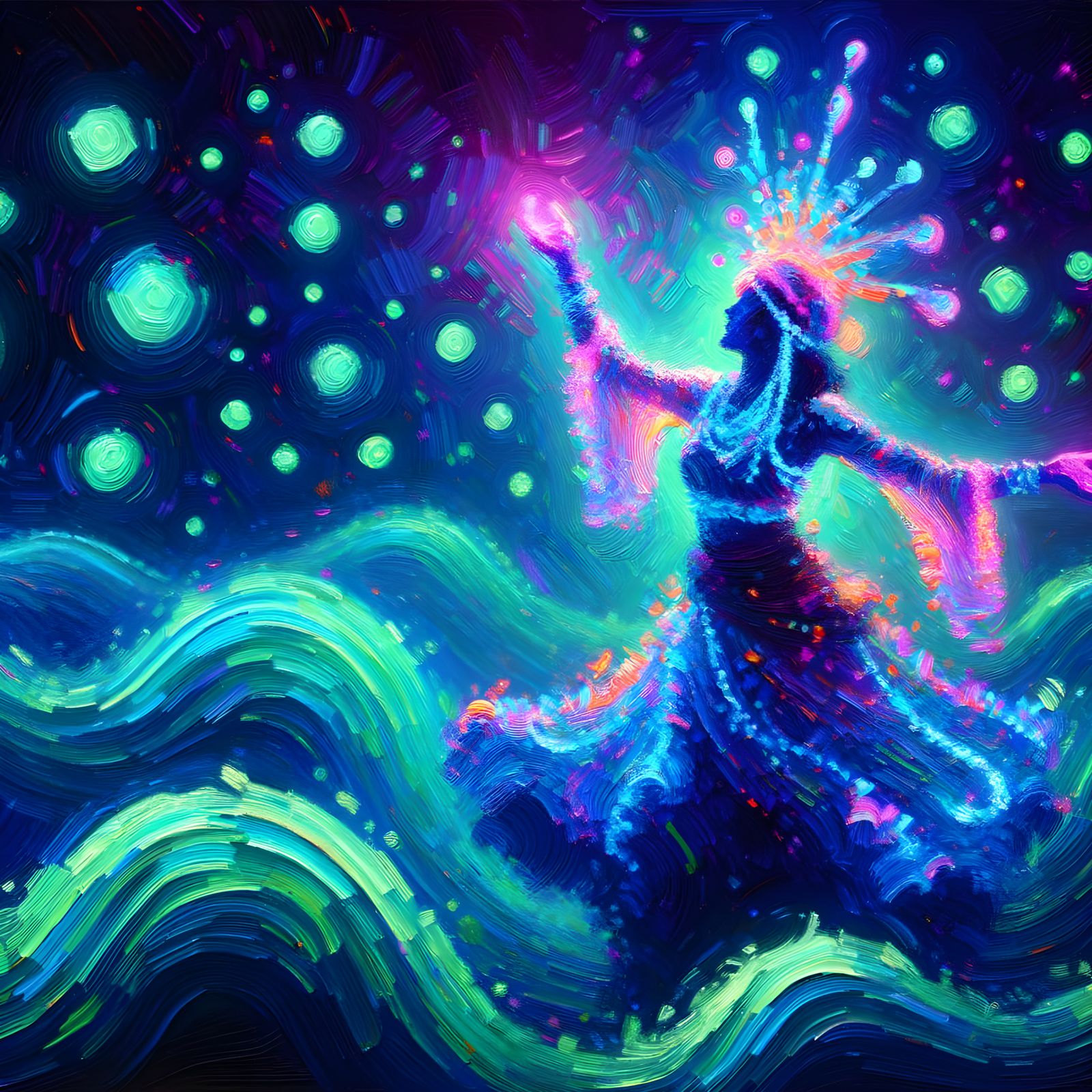 Bioluminescent Woman Dancing in Neo-Impressionist Oil Painti...