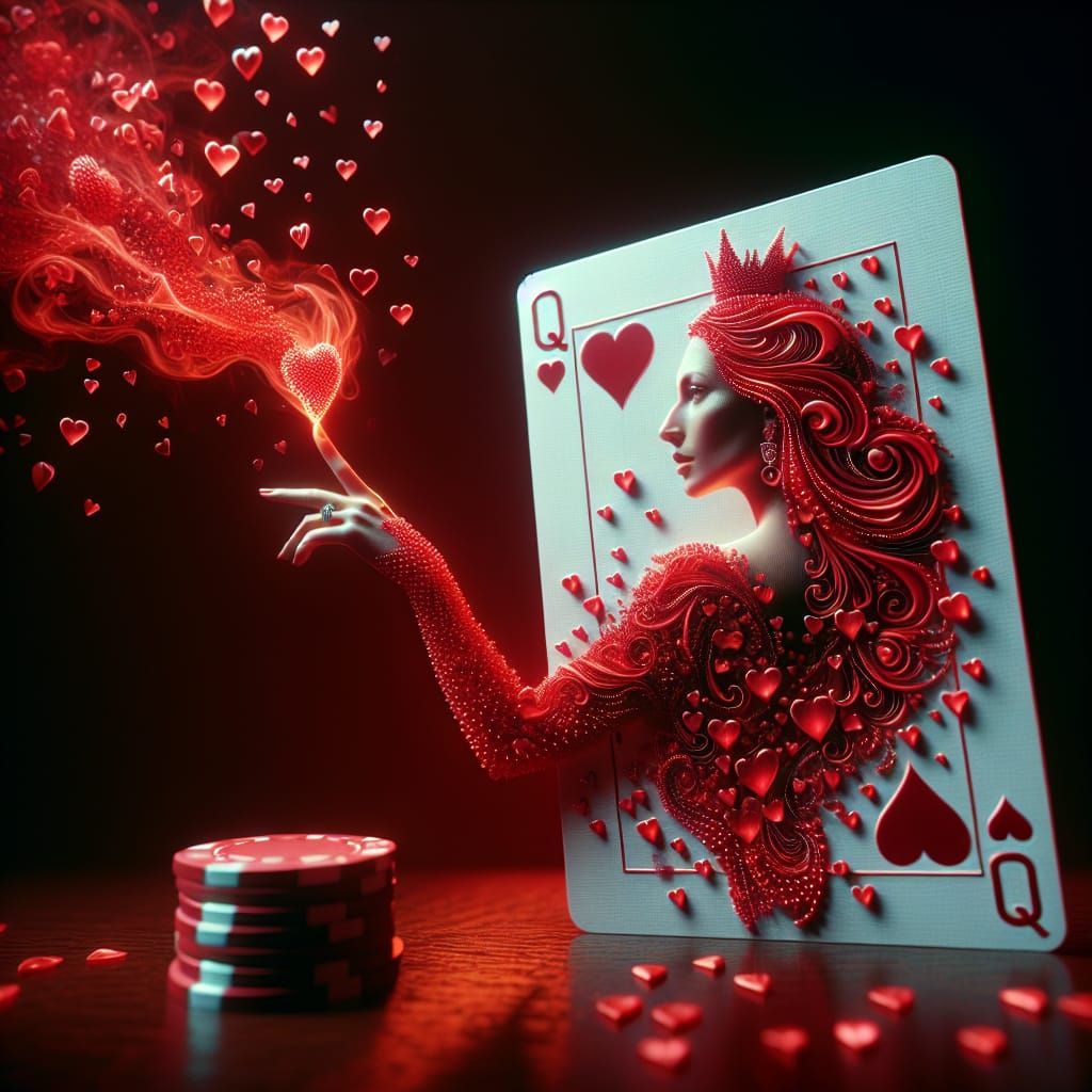 Hyperrealistic Queen of Hearts Card in Red Silk