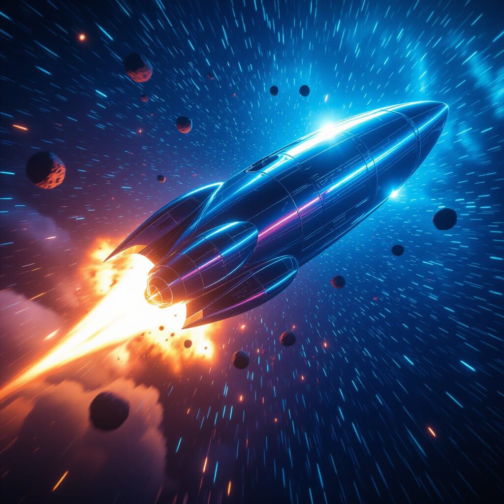 Chrome Spaceship Blasts Through Force Field in 4K