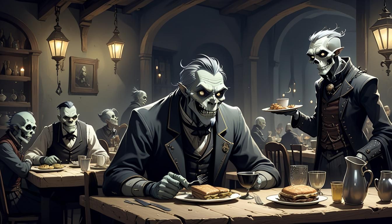 Grimly-Flanders Style: Humorous Dinner Scene in 8K