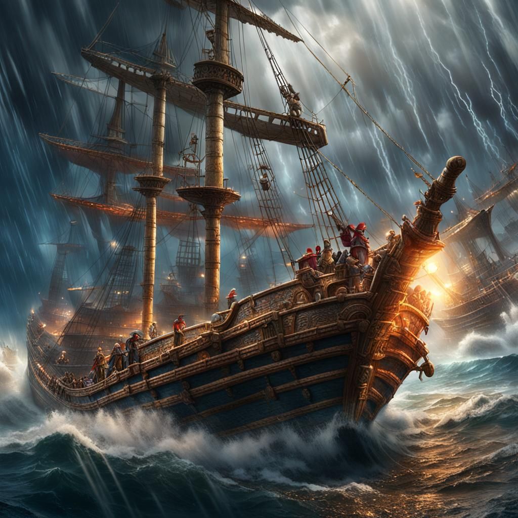 French Baguettes Rain on Pirate Boats, Matte Painting