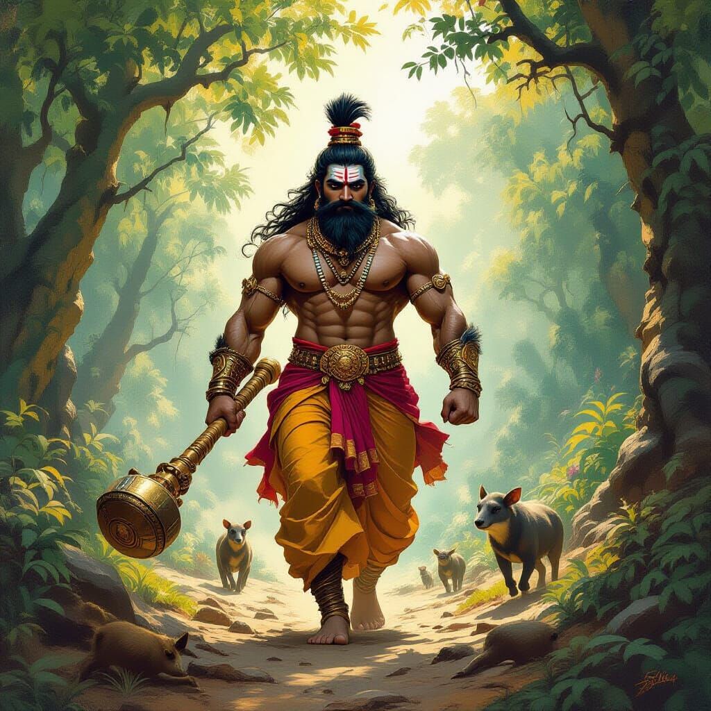 Bhima in Gandhamadan Forest: An Oil Painting