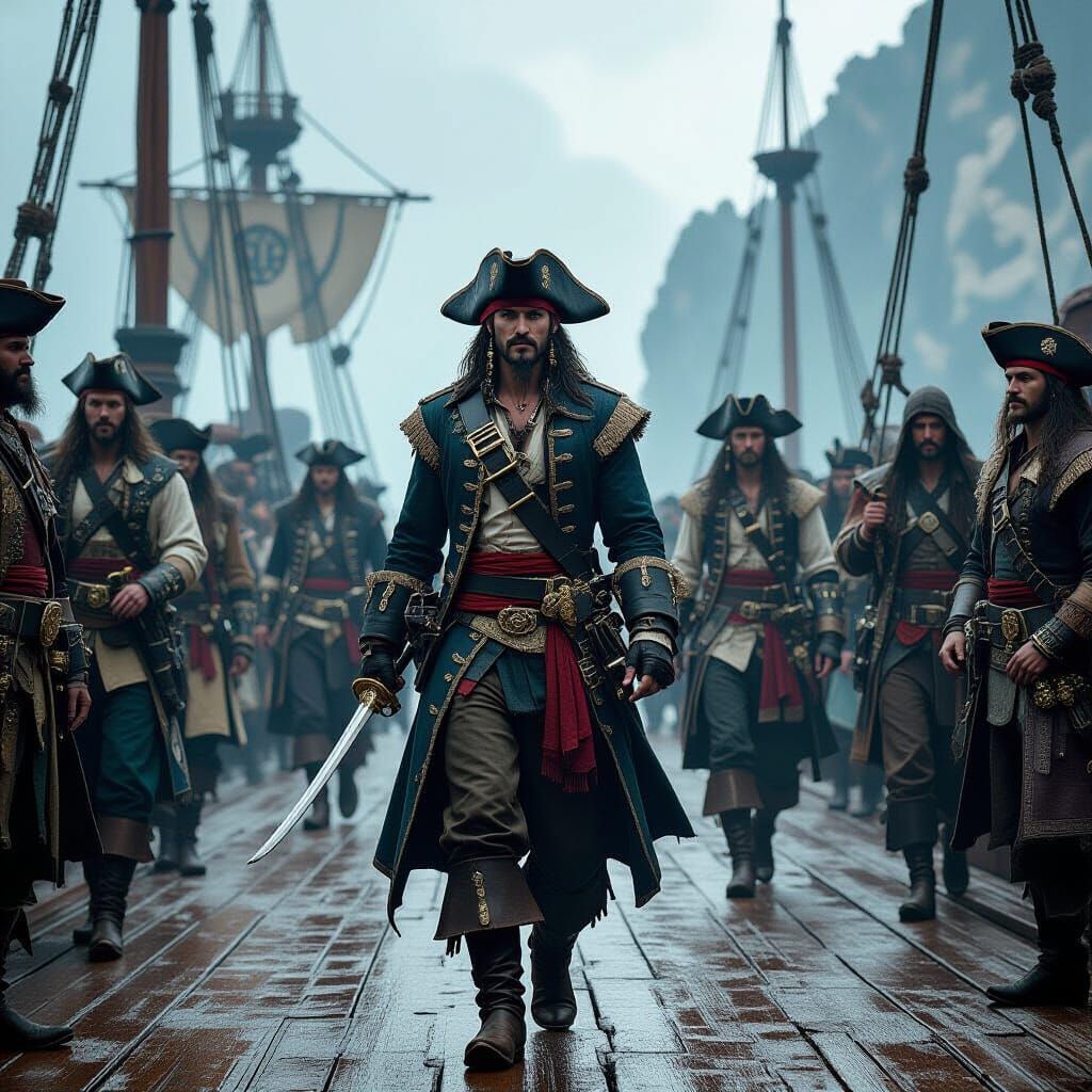 Epic Elven Pirate Crew in Digital Matte Painting Style