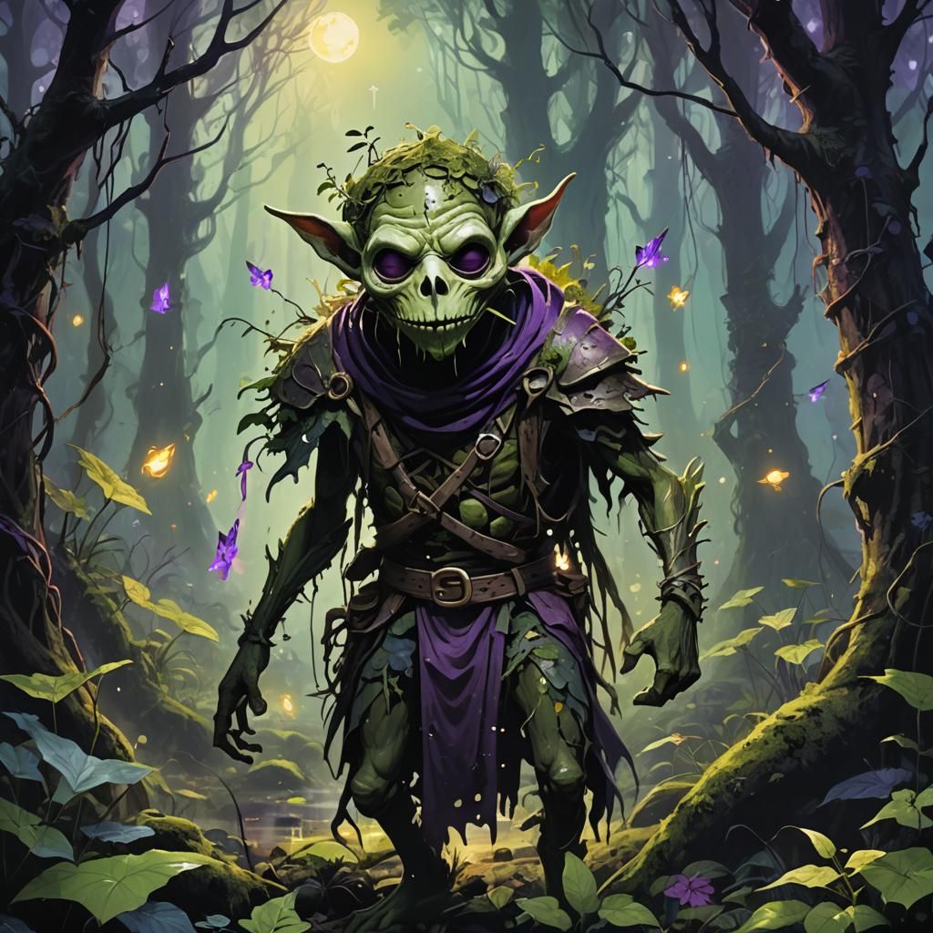 Goblin in Eerie Forest with Abstract Bone Mask