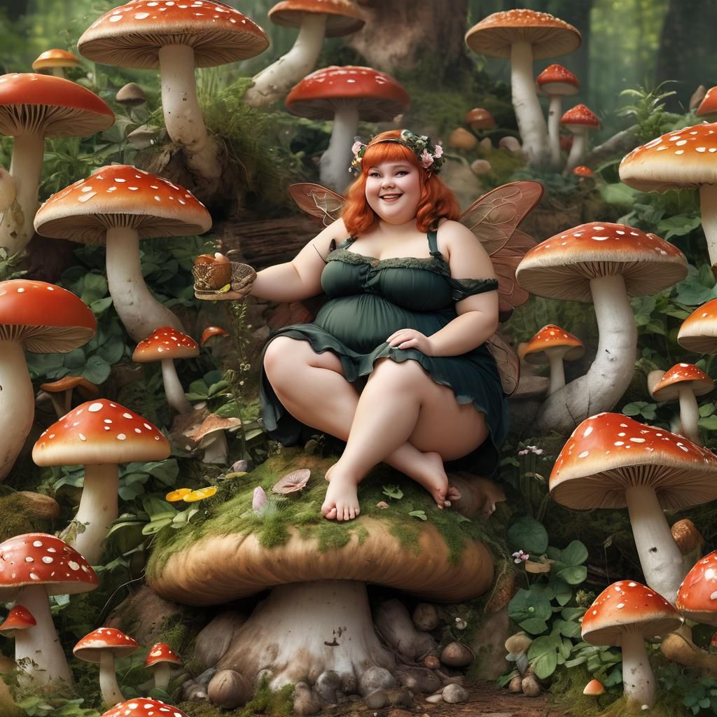 Bbw fat smiling cute Fairy sat on mushroom 🍄