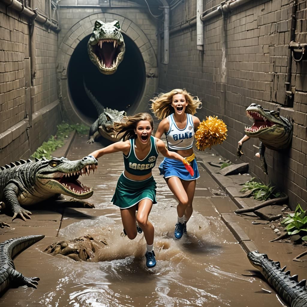 Cheerleader's Peril: Crocodile Chase in Sewer