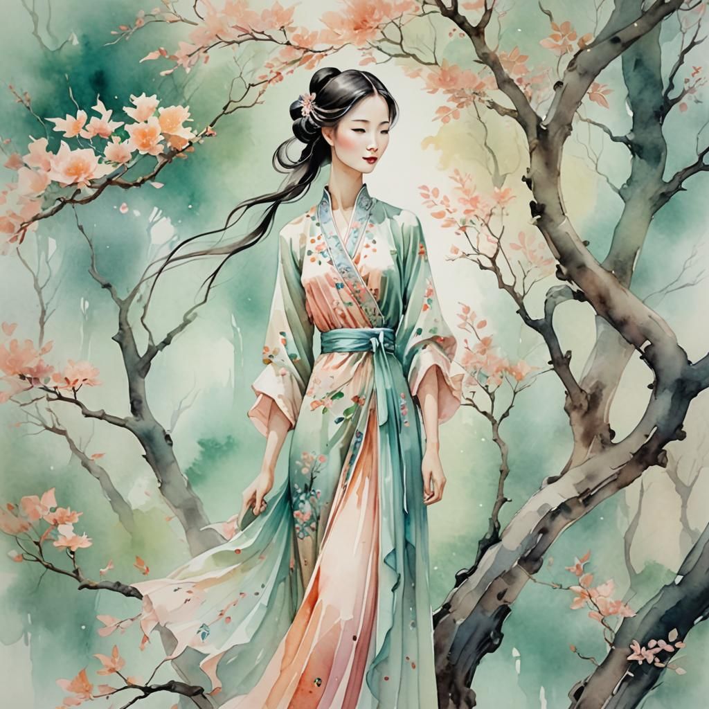 Whimsical Pastel Lady in Chinese Watercolor Style