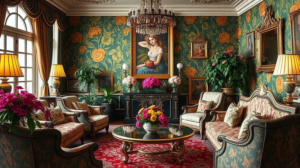 Elegant Room with Figurines in Klimt & Matisse Style